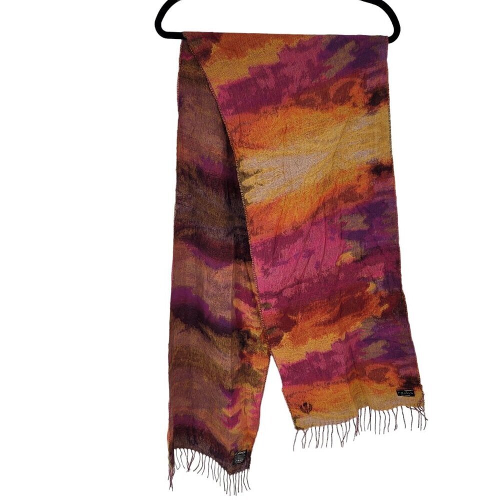 Fraas cashmink multicolor tie dye horizon purple yellow fringe scarf 72x13